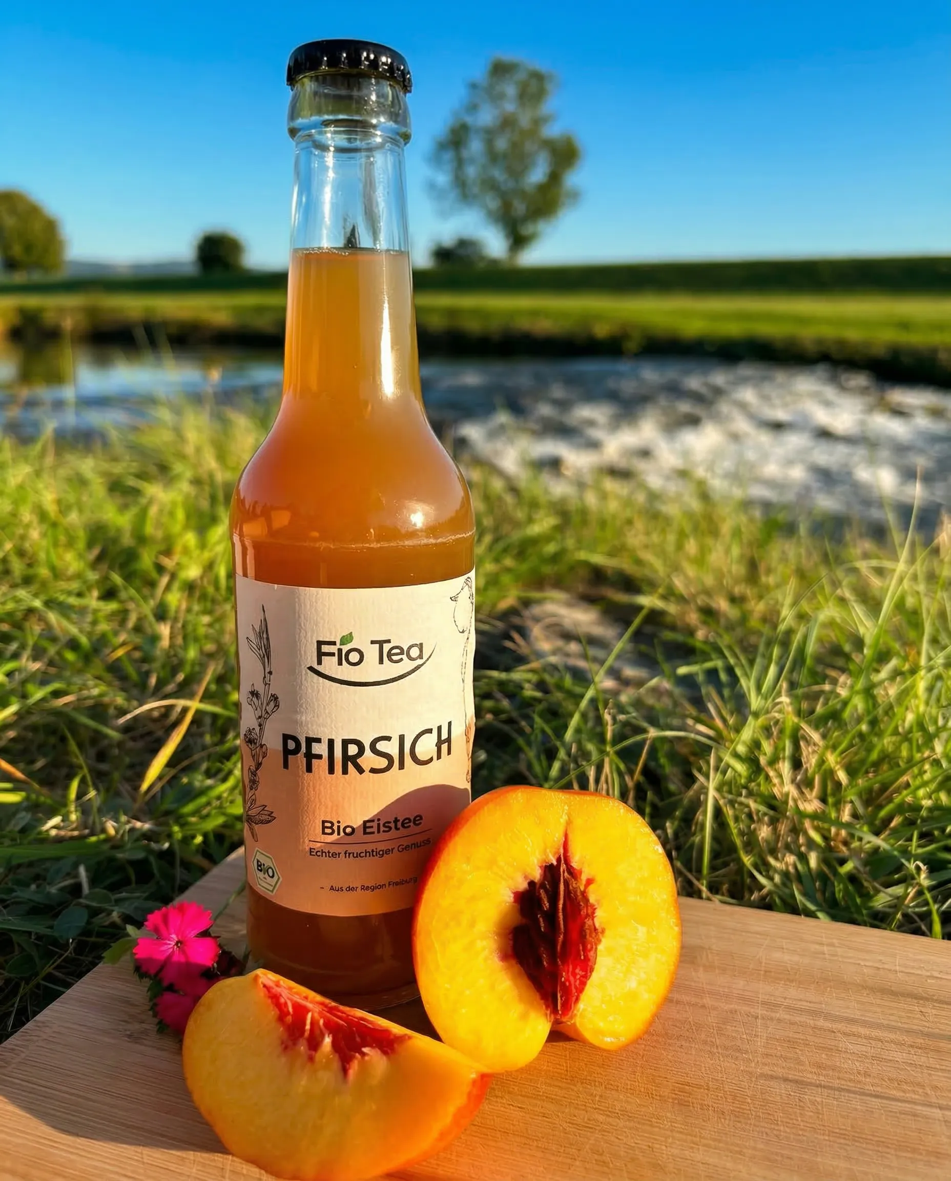 Fio Tea Bio Eistee Pfirsich an der Elz — ein entspannter Sommertag am Fluss mit frischen Pfirsichen